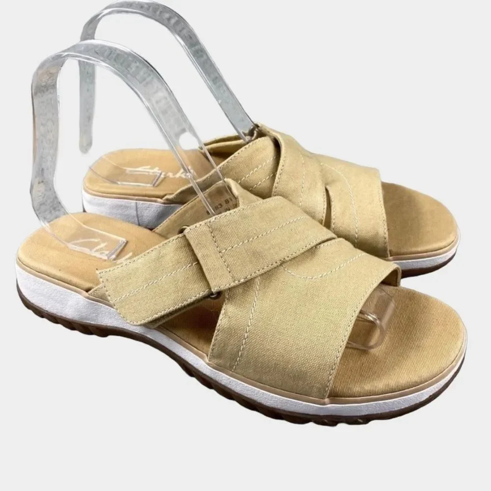 Clarks england meg Sandals Slide Womens 8 W Shoes Khaki Cross Over Strap Slip On